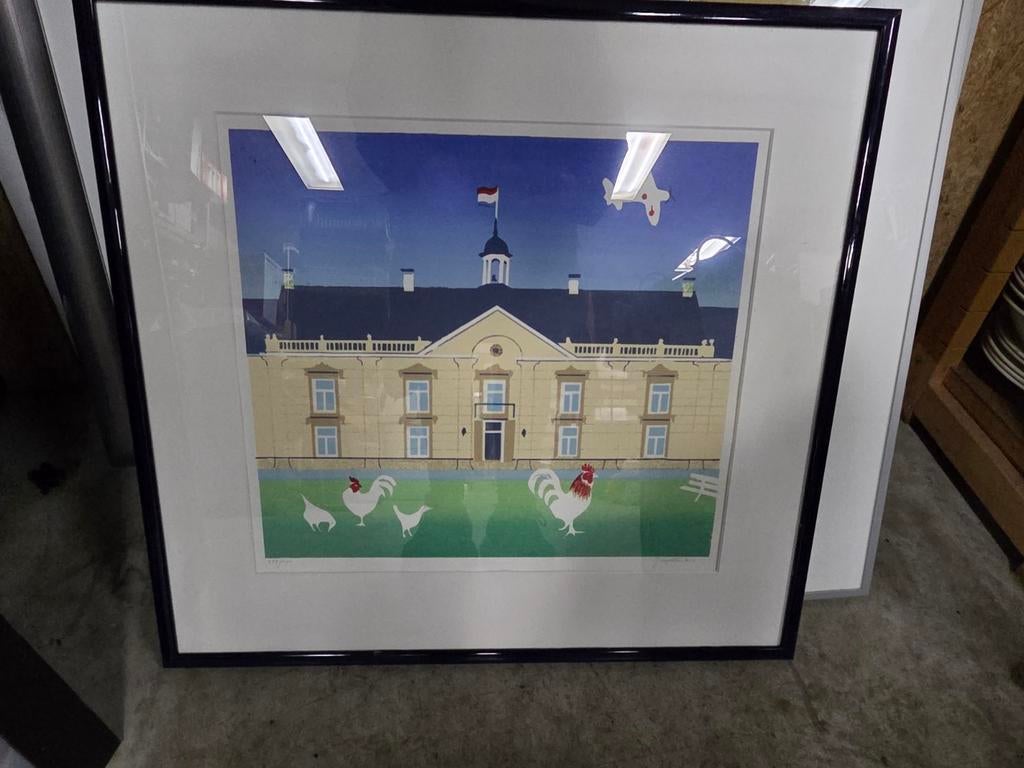 Ingelijste Kunstprint: Kasteel met Kippen en Haan, Ophalen of Verzenden