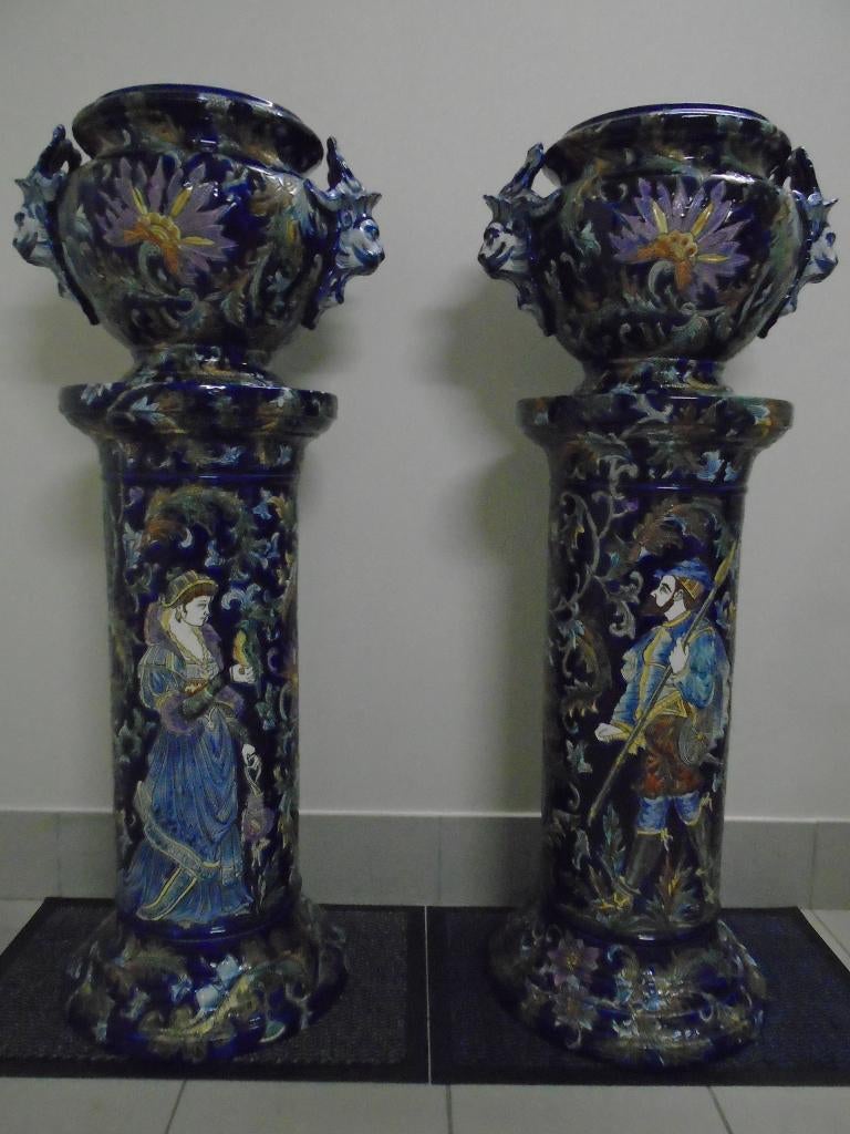 Antieke zuil met pot & cache pot 2 stuks (koppel), Antiek en Kunst, Antiek | Keramiek en Aardewerk, Ophalen