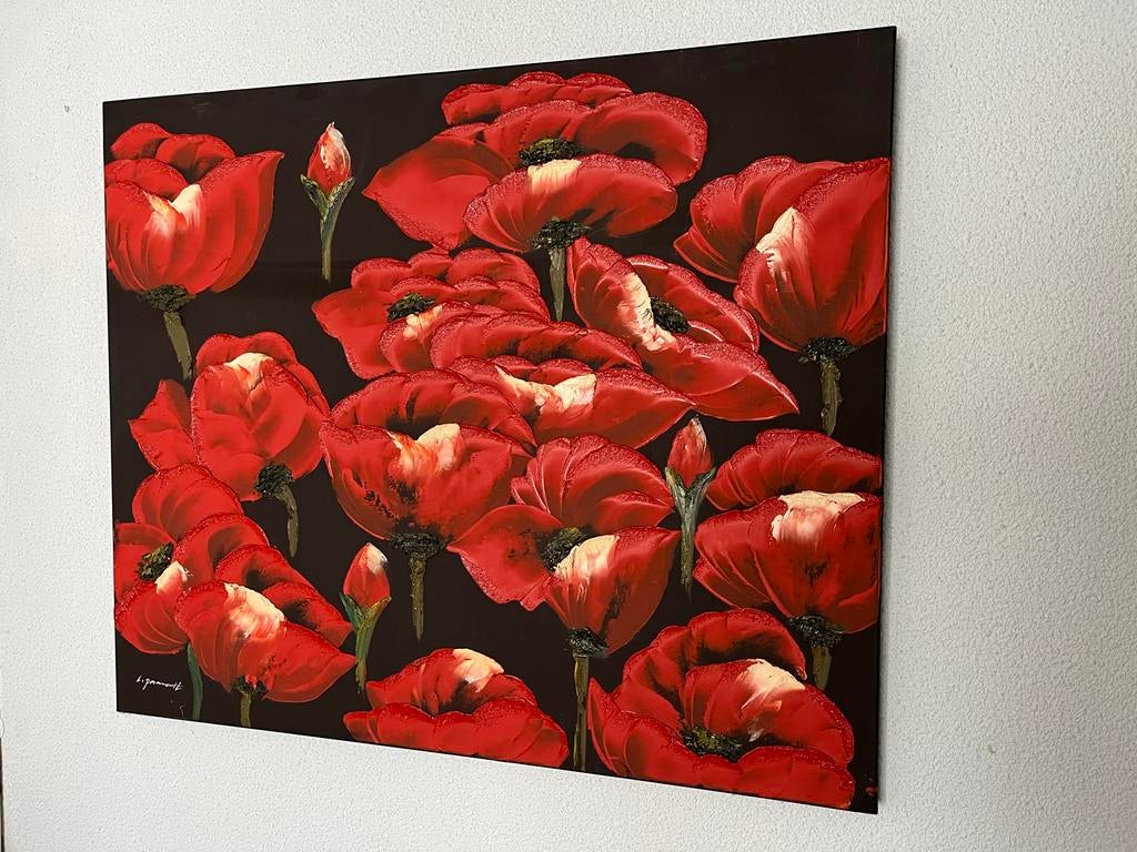Schilderij rode klaprozen 120x100 cm, dikke verfstructuur, Ophalen