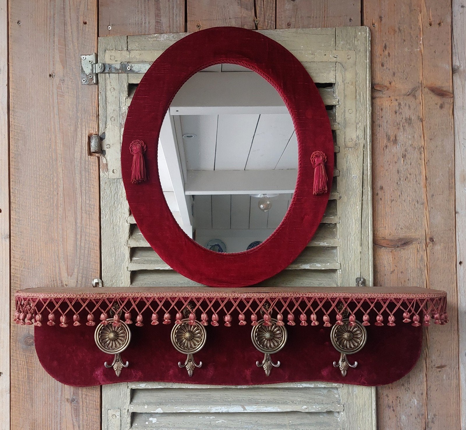 Vintage Hollywood Regency Kapstok & Spiegel Set Rood Velours, Huis en Inrichting, Gebruikt, ., ., Minder dan 100 cm