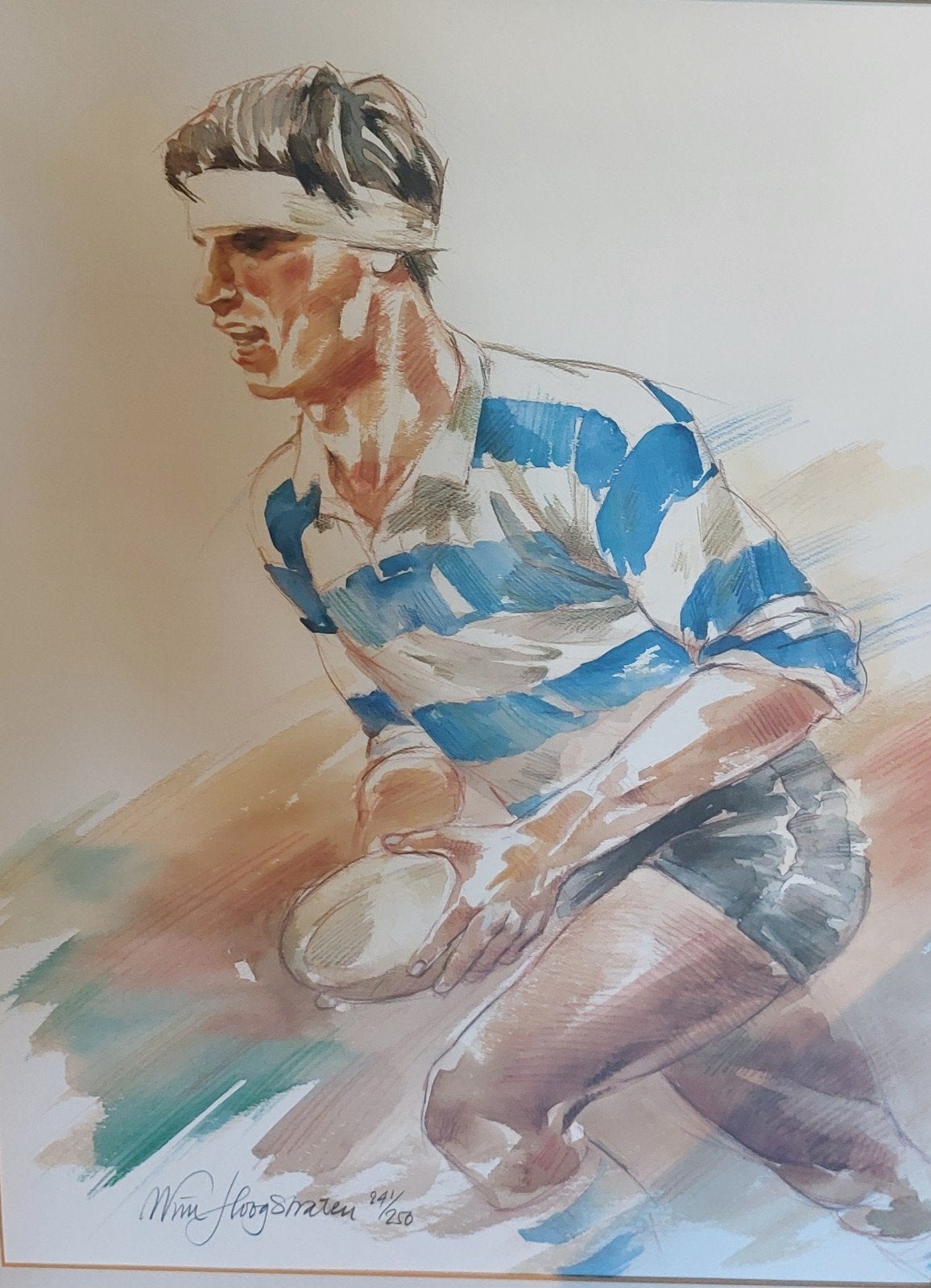 Aquarel van rugbyspeler, gesigneerd en ingelijst, Antiek en Kunst, Kunst | Schilderijen | Klassiek, Realistisch, Ophalen of Verzenden