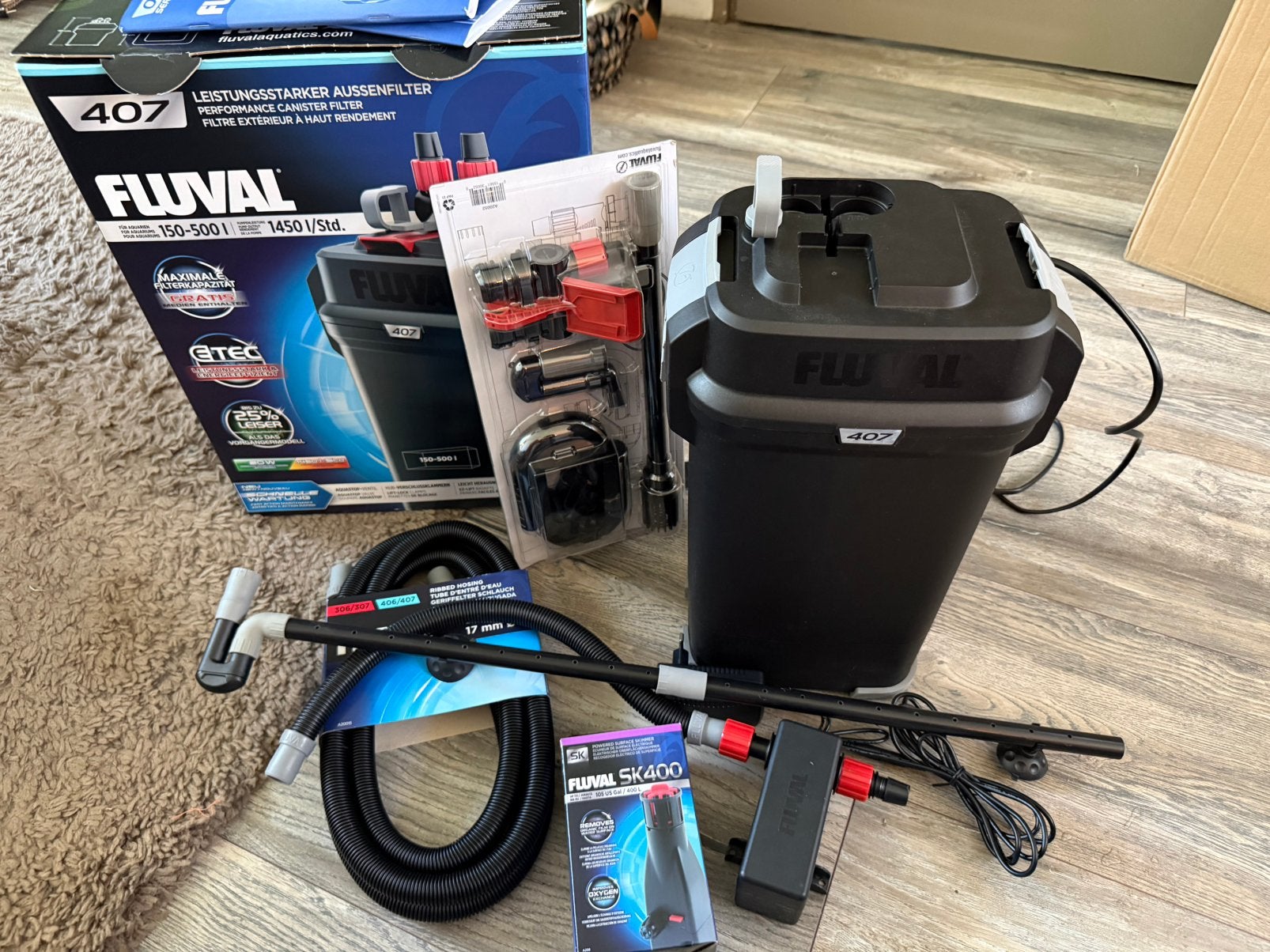 FLUVAL 407 pomp met UVC, Skimmer en spraybar, Ophalen, Zo goed als nieuw, Inclusief toebehoren, Fluval