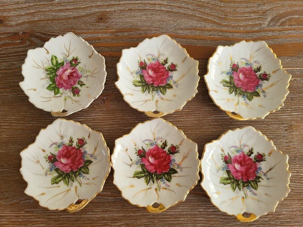 Prachtige set van 6 vintage porseleinen bladschaaltjes/rozen, Antiek en Kunst, Ophalen of Verzenden