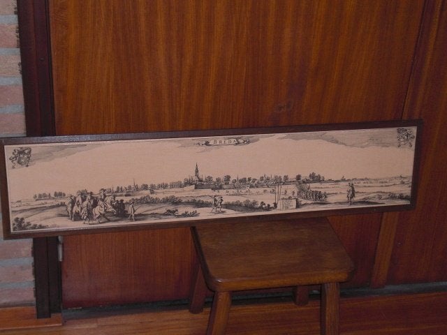 Langwerpige ets van historische kerken en gebouwen Breda, 99 cm, Ingelijst, Stadsgezicht, Ophalen of Verzenden