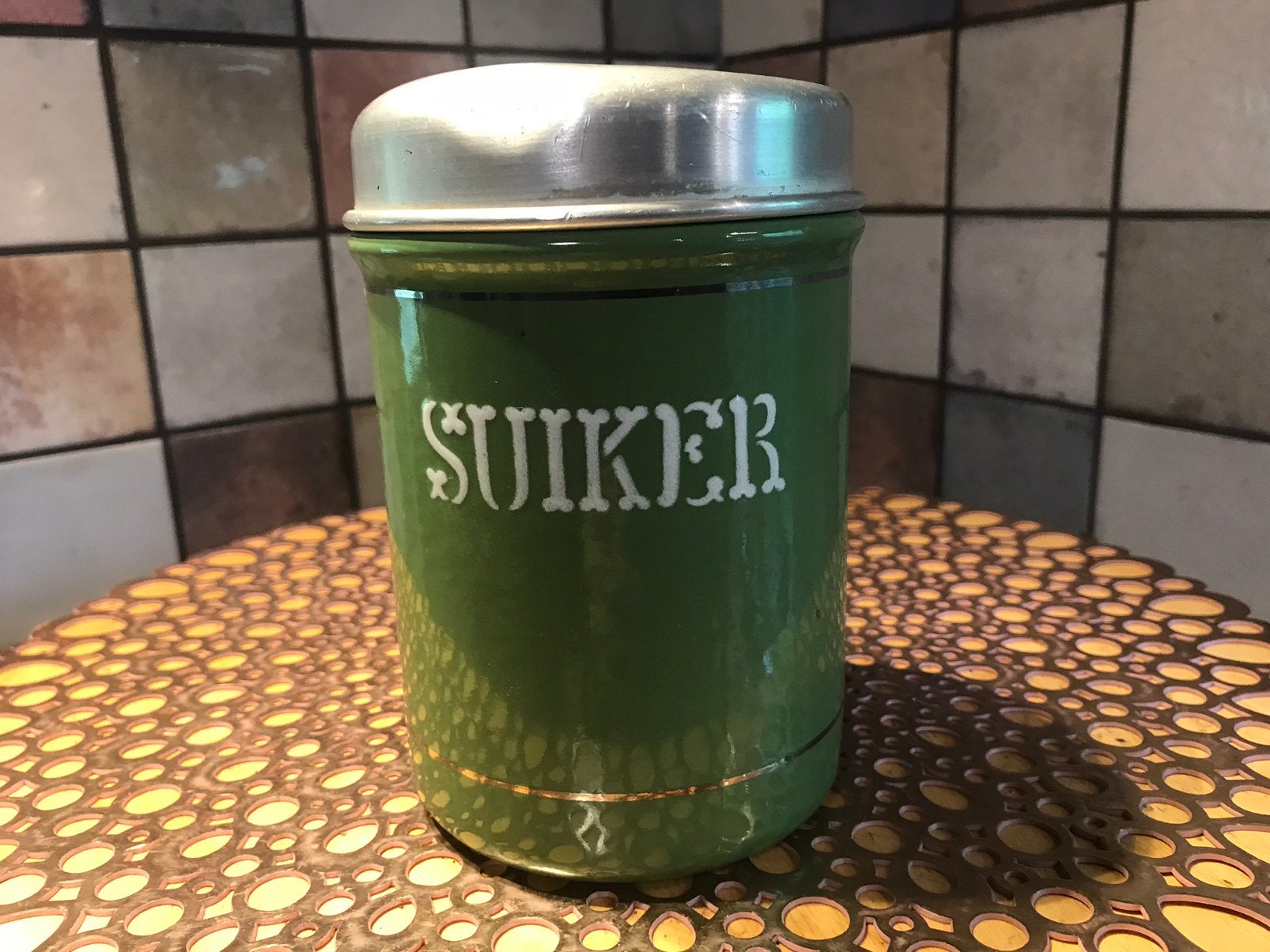 Emaille voorraadbus,groen met gouden bies,suiker witteopdruk, Antiek en Kunst, Ophalen of Verzenden