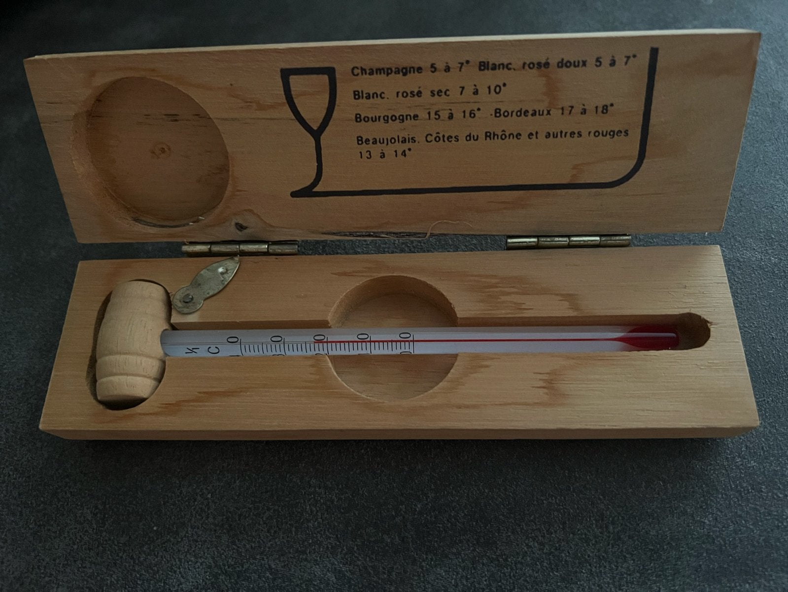 Wijnthermometer in houten kistje - Vintage, Gebruikt, Ophalen of Verzenden, Bruin, Vintage