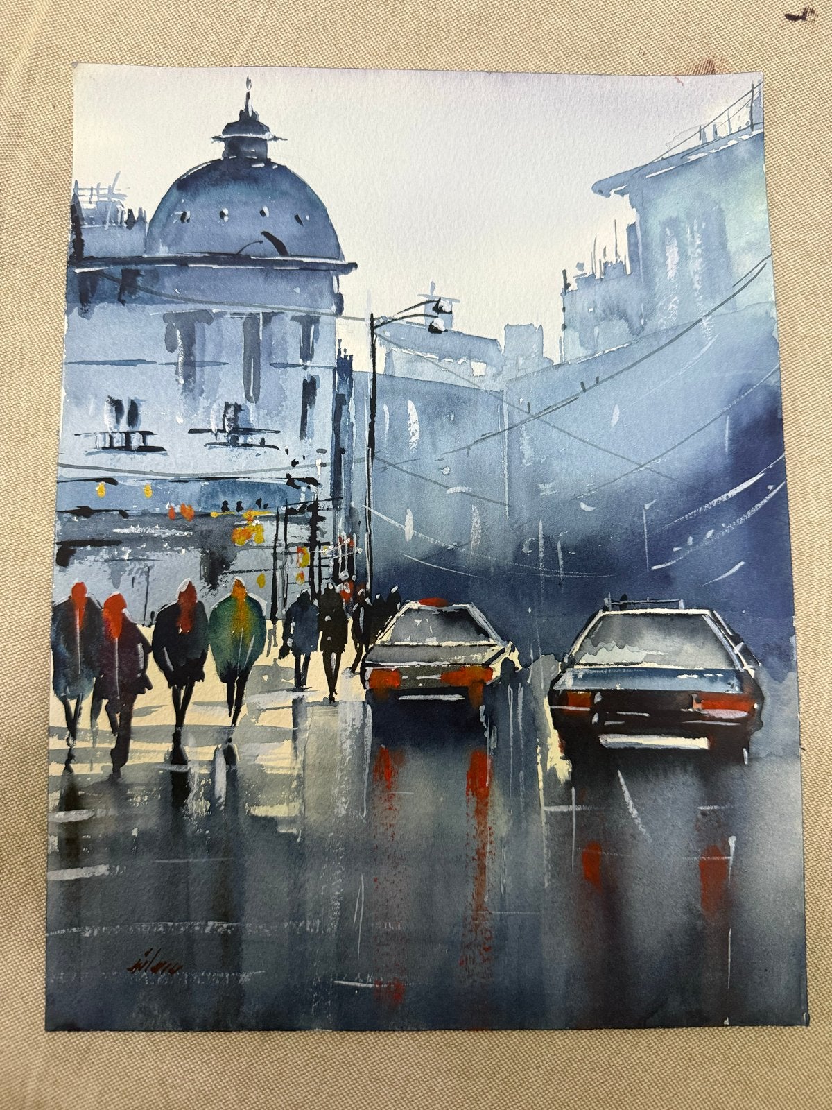 Sfeervol Aquarel Stadsgezicht - Regenachtige Straat, Aquarel, Handgeschilderd, Papier/karton, Ophalen of Verzenden