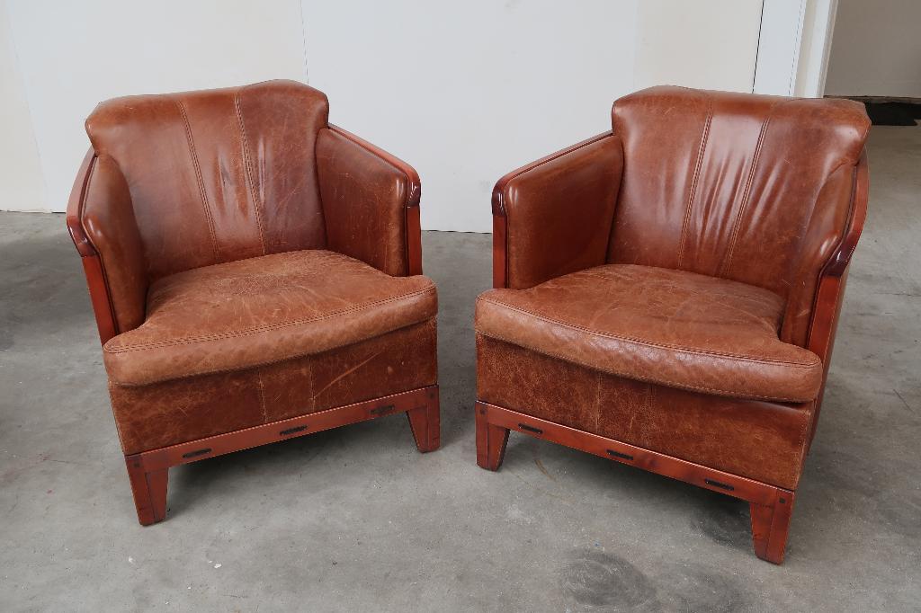 Vintage Schuitema Shaker leren clubfauteuils - set van 2, Huis en Inrichting, Fauteuils, Ophalen, Gebruikt, Minder dan 75 cm, Klassiek, retro, vintage, antiek
