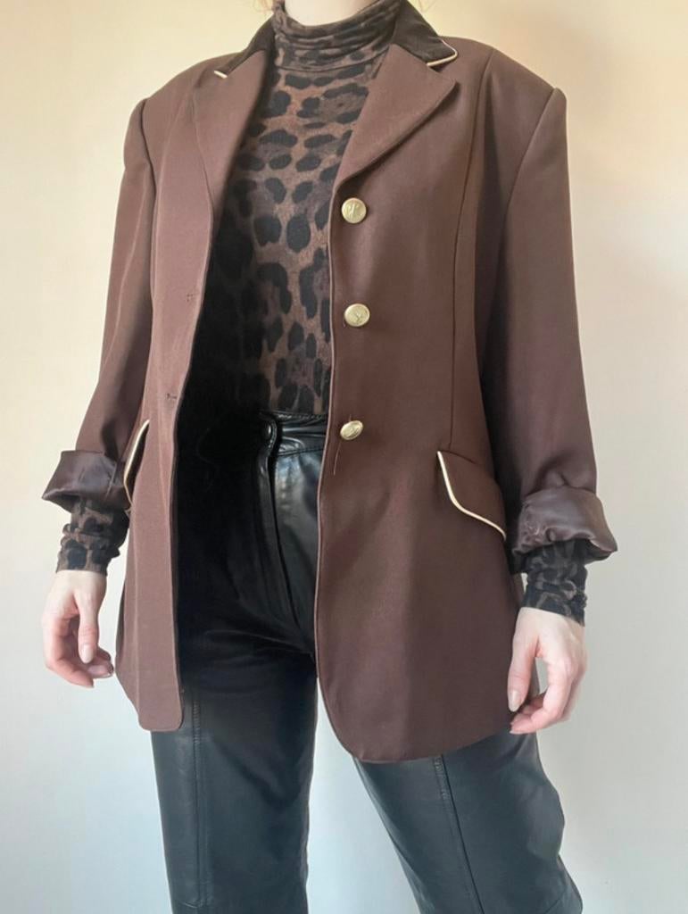 Bruin vintage jasje/blazer, L. Fancy colbert goud fluweel, Bruin, Verzenden, Maat 42/44 (L), Vintage
