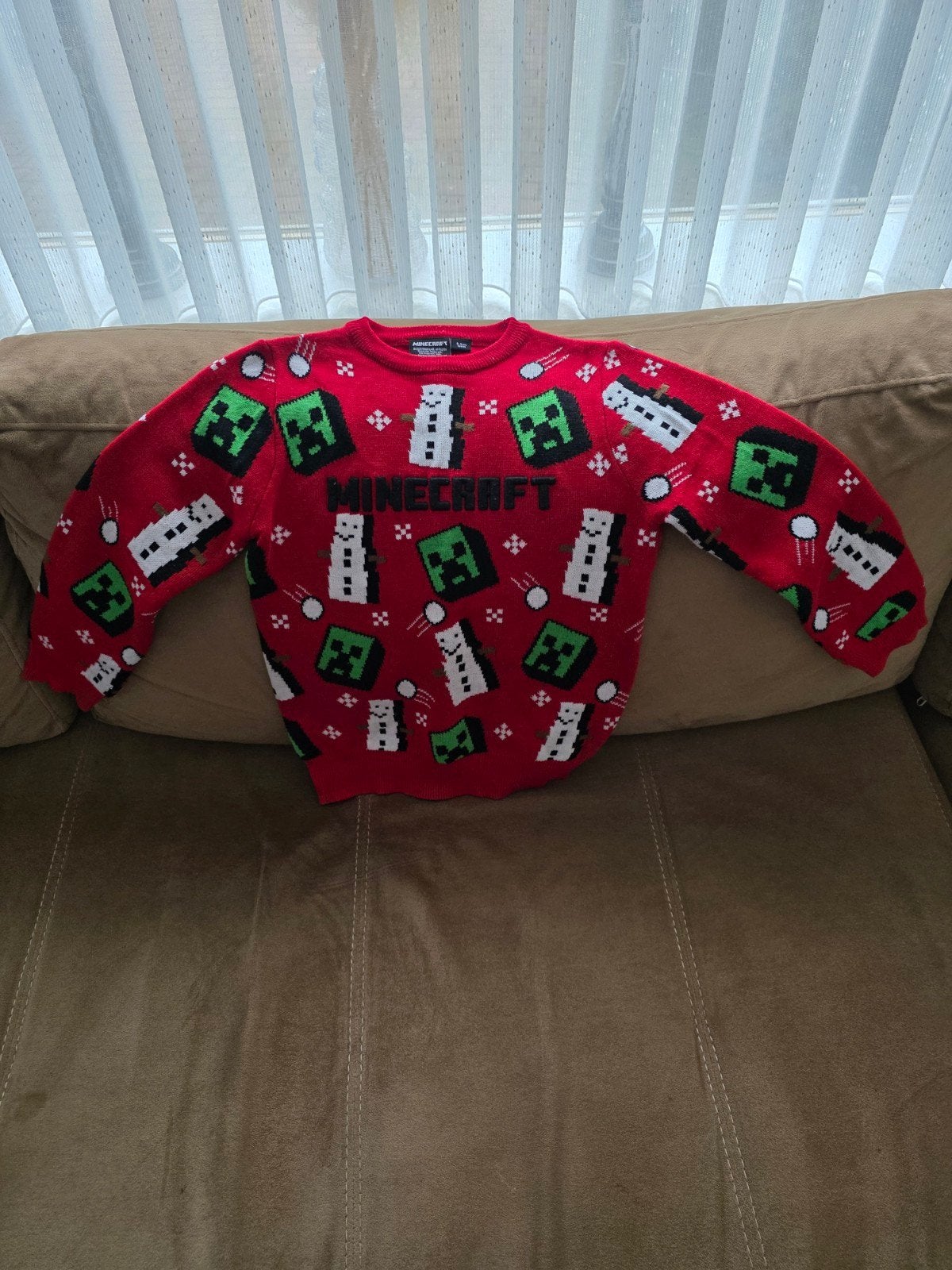 Minecraft Kersttrui - Rood met sneeuwpoppen en Creepers, Kinderen en Baby's, Trui of Vest, Minecraft, Ophalen of Verzenden, Zo goed als nieuw