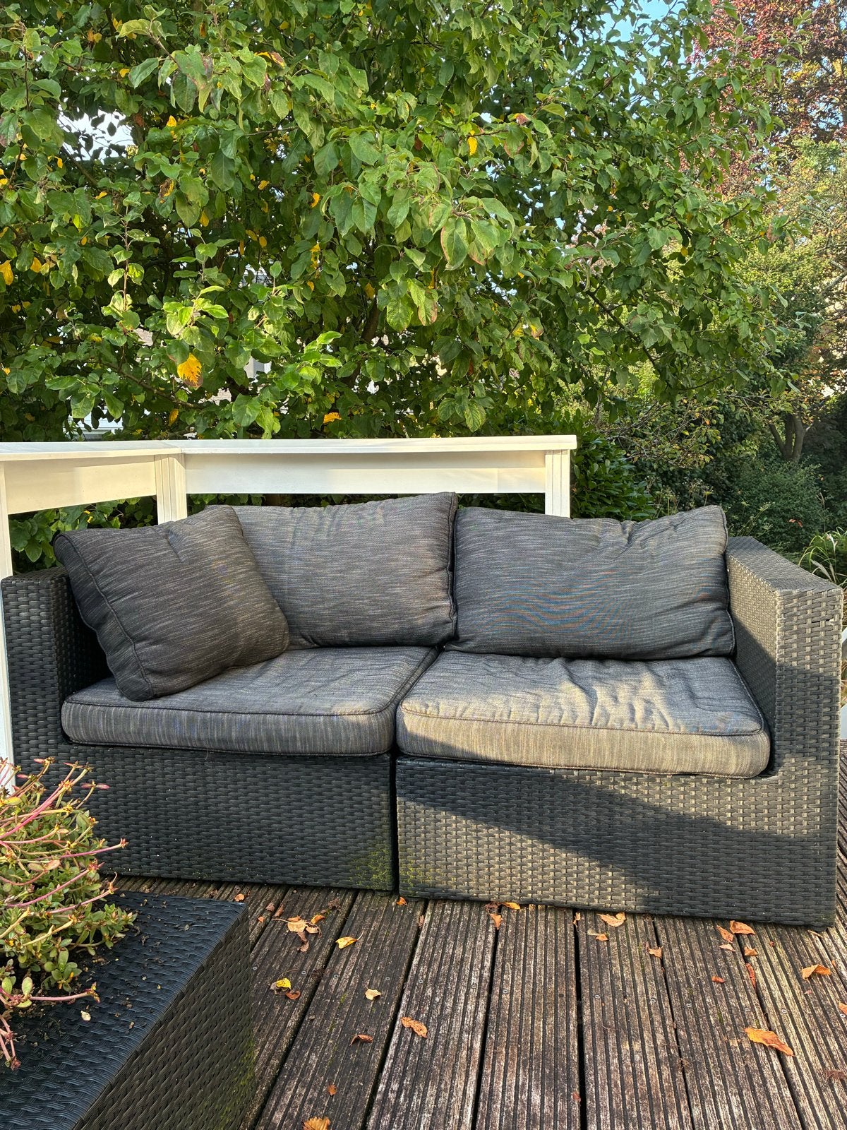 Antraciet kleurige wicker loungeset met hocker en kussens, Gebruikt, Loungeset, Wicker, Bank