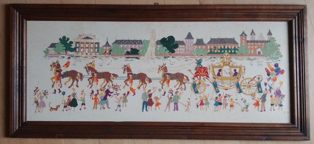Borduurwerk schilderij, Ophalen, Brocante, Beige, Zo goed als nieuw