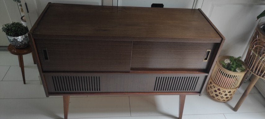 Vintage houten radiomeubel bruin, Ophalen, Gebruikt, Radio