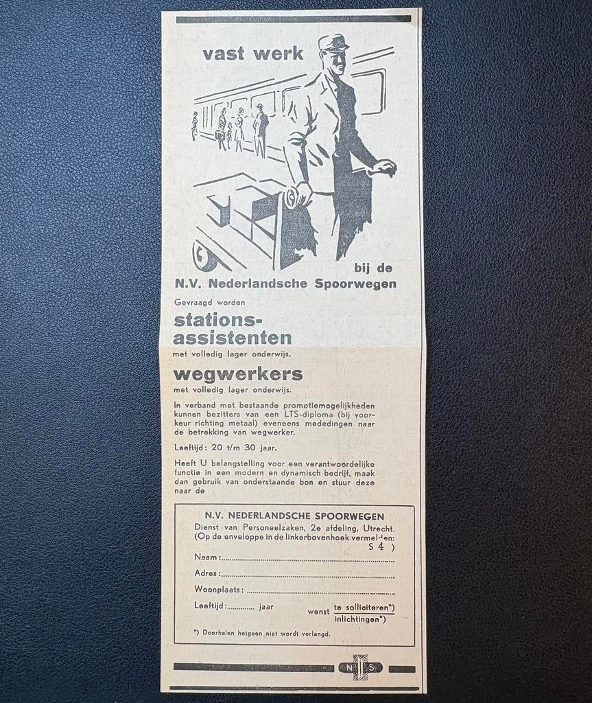 Oude vacature NS ‘Stationsassistenten’ (1959), Ophalen of Verzenden, Gebruikt, Trein