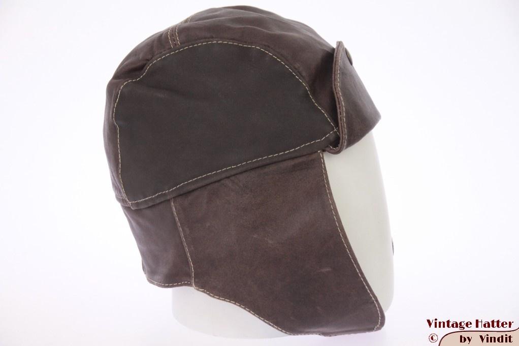 Vintage motor- cabrio- Vliegeniersmuts bruin leer 58 unisex, Ophalen of Verzenden, Gedragen, Maat 38/40 (M), Muts