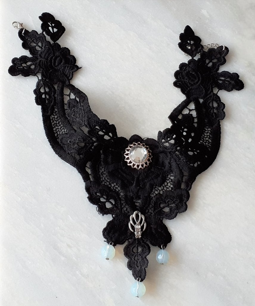 choker kant met witte diamant en opaliet, Sieraden, Tassen en Uiterlijk, Overige materialen, Zwart, Nieuw, Ophalen of Verzenden