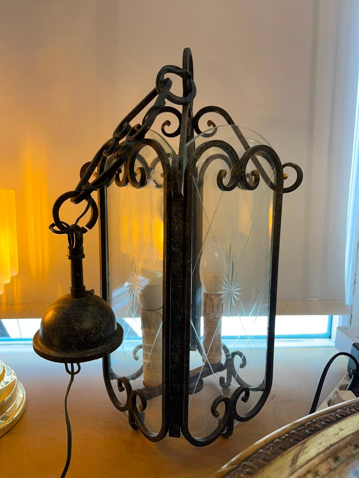 Vintage Smeedijzeren Lantaarn Hanglamp met Glas, Antiek en Kunst, Ophalen of Verzenden