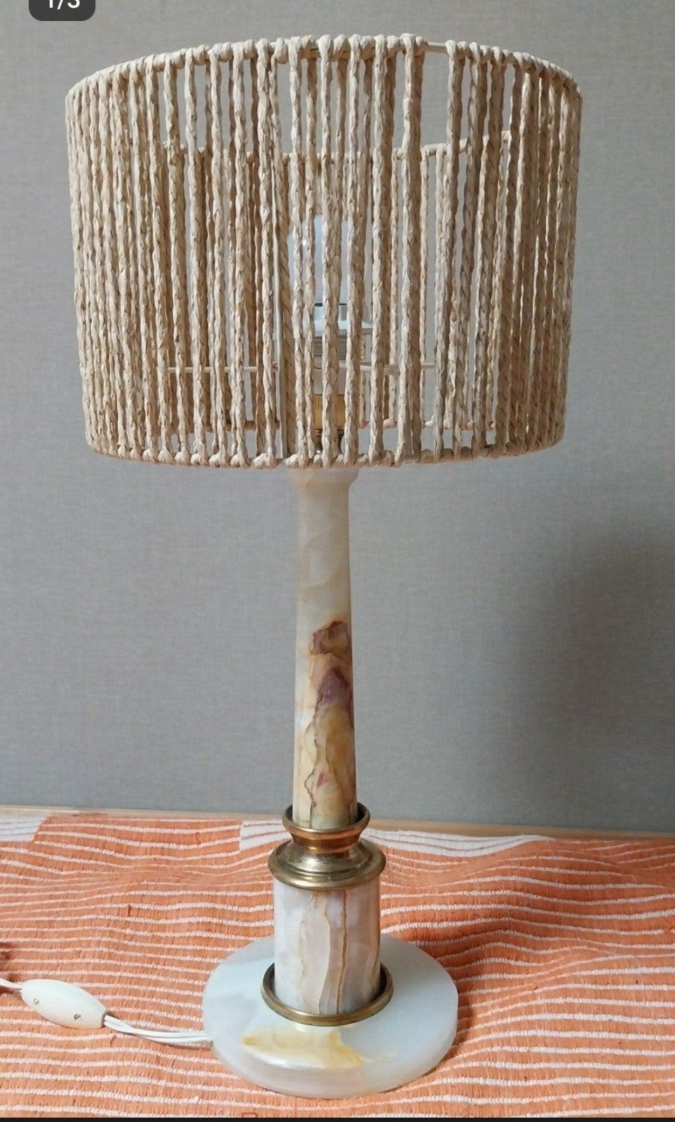 Vintage Onyx Marmeren Tafellamp met Touwkap -, Ophalen of Verzenden