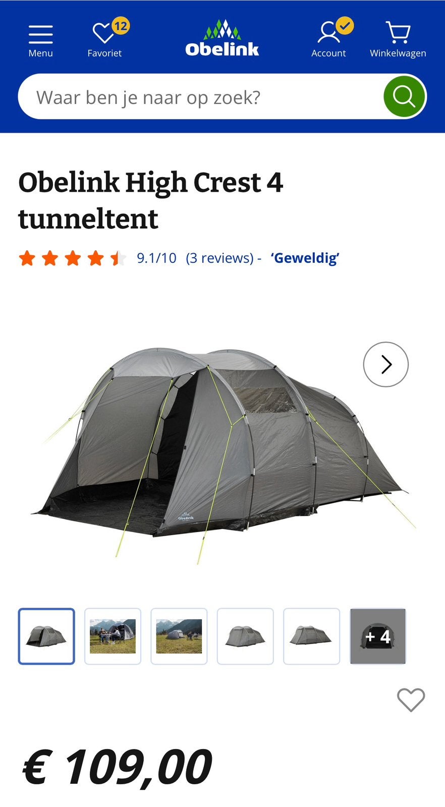 Obelink High Crest 4 Tunneltent, Ophalen of Verzenden, Zo goed als nieuw, Tot en met 3