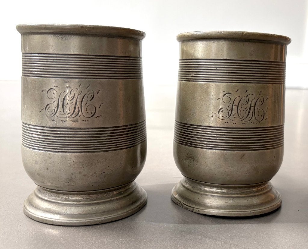 Set van 2 vintage tinnen bierpullen - Victoriaans 1 Pint, Ophalen of Verzenden