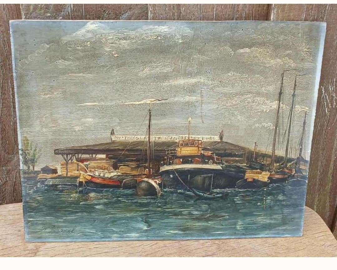 Olieverfschilderij W. Drenth - Havenzicht 1945, Antiek en Kunst, Kunst | Schilderijen | Klassiek, Ophalen of Verzenden