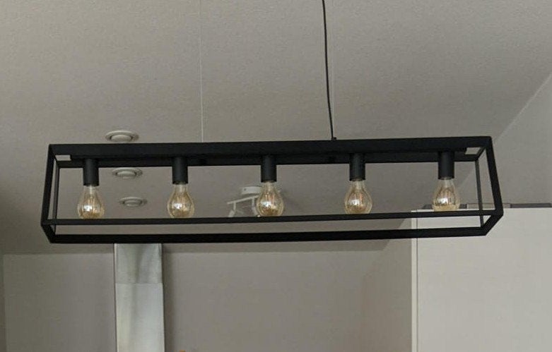 Industriële zwarte hanglamp metaal 120 cm met 5 lichtpunten, Ophalen, E27 (groot), Zo goed als nieuw, Metaal