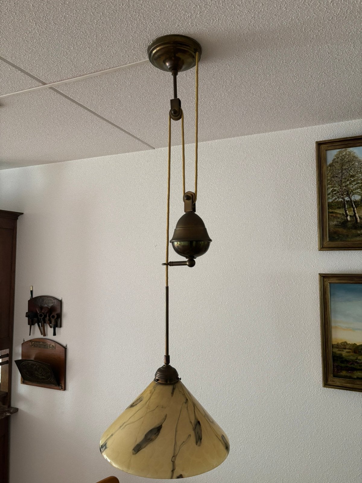 Lampen gemarmerd glas geel groen, Huis en Inrichting, Lampen | Hanglampen, Ophalen of Verzenden, Gebruikt, Glas, 75 cm of meer