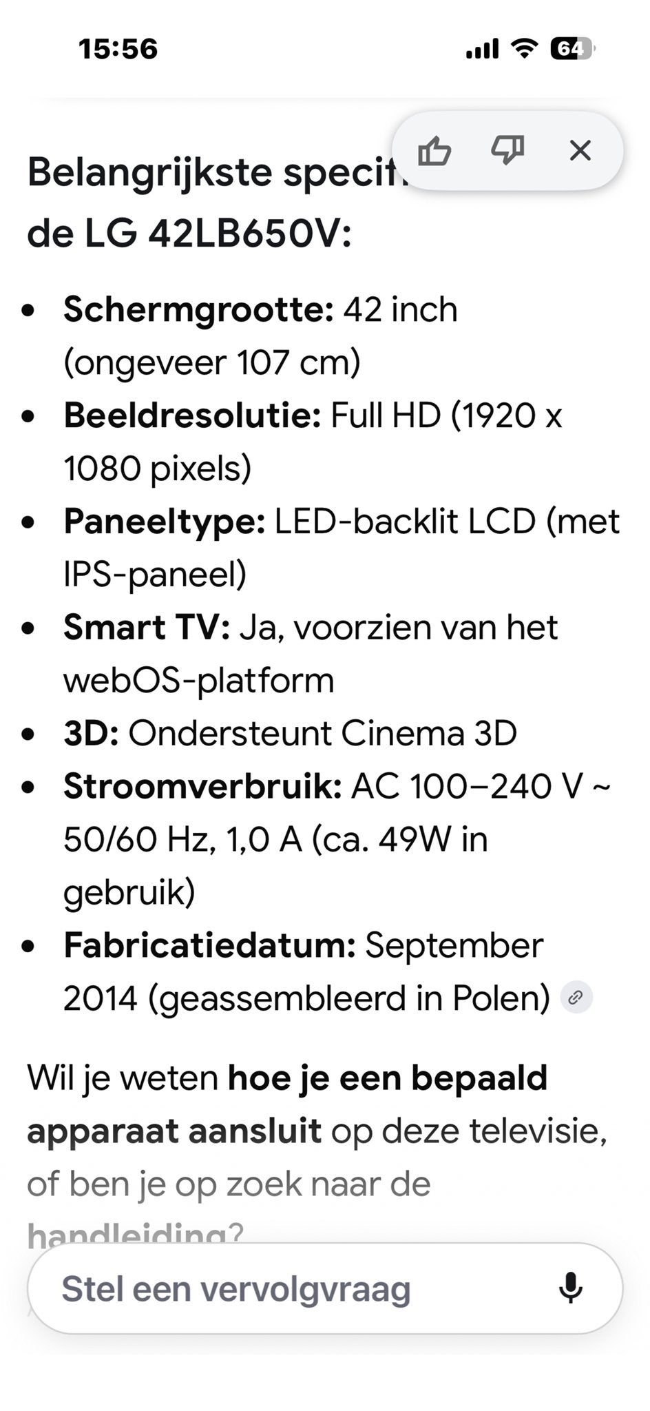 LG 42LB650V Full HD Smart TV 42 inch (107 cm), Ophalen, 50 Hz, 100 cm of meer, Full HD (1080p)