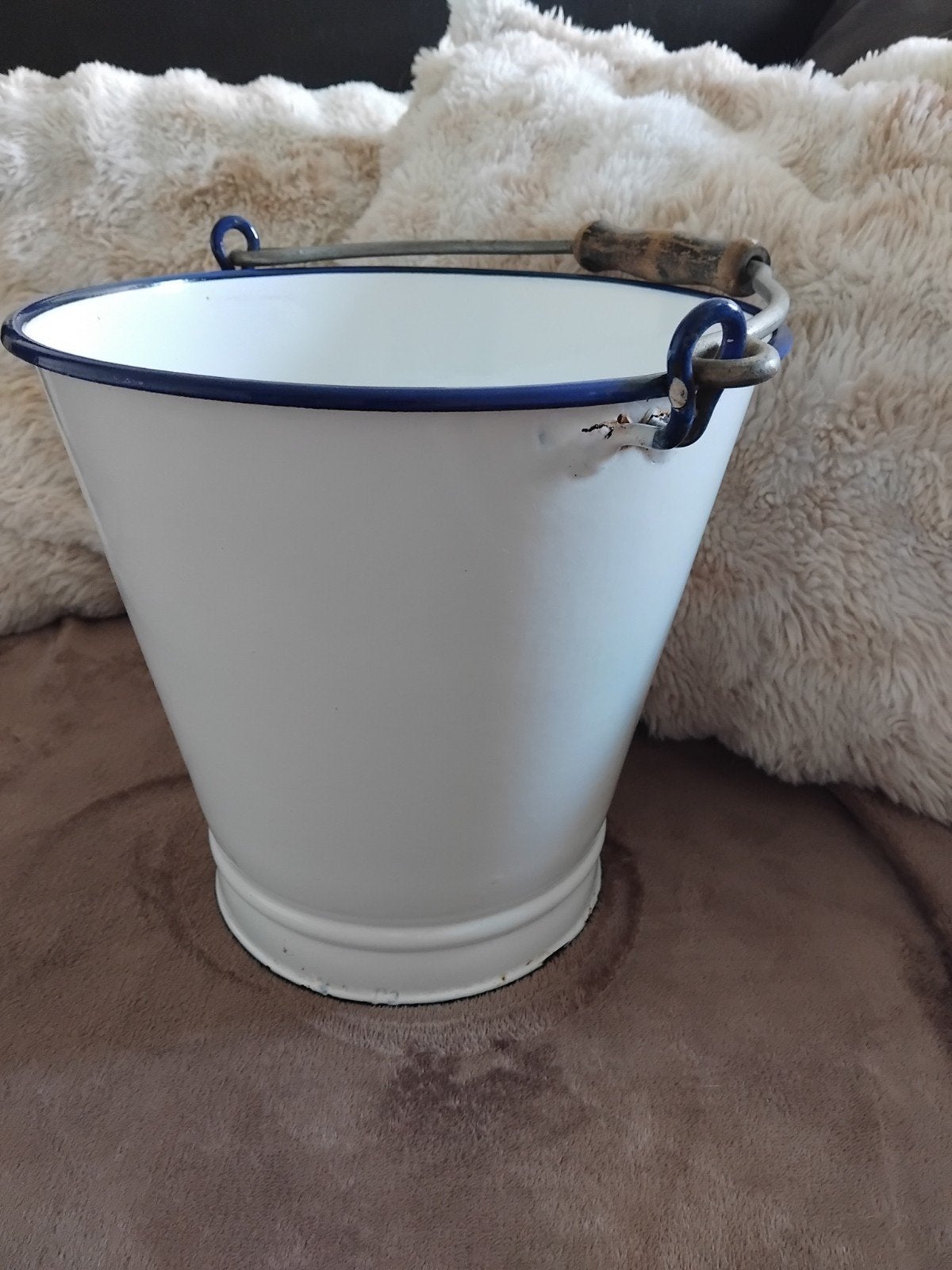 Vintage geëmailleerde emmer wit met blauwe rand, Ophalen of Verzenden