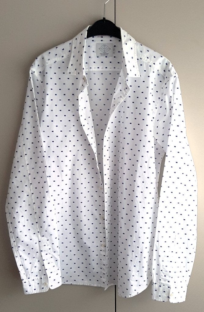 Scotch & Soda, wit overhemd met blauw patroontje, mt L, Wit, Zo goed als nieuw, Scotch & Soda, Halswijdte 39/40 (M)