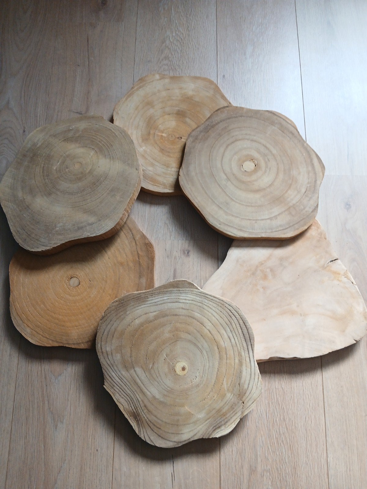 6 houten schijven diverse houtsoorten, Hobby en Vrije tijd, Ophalen