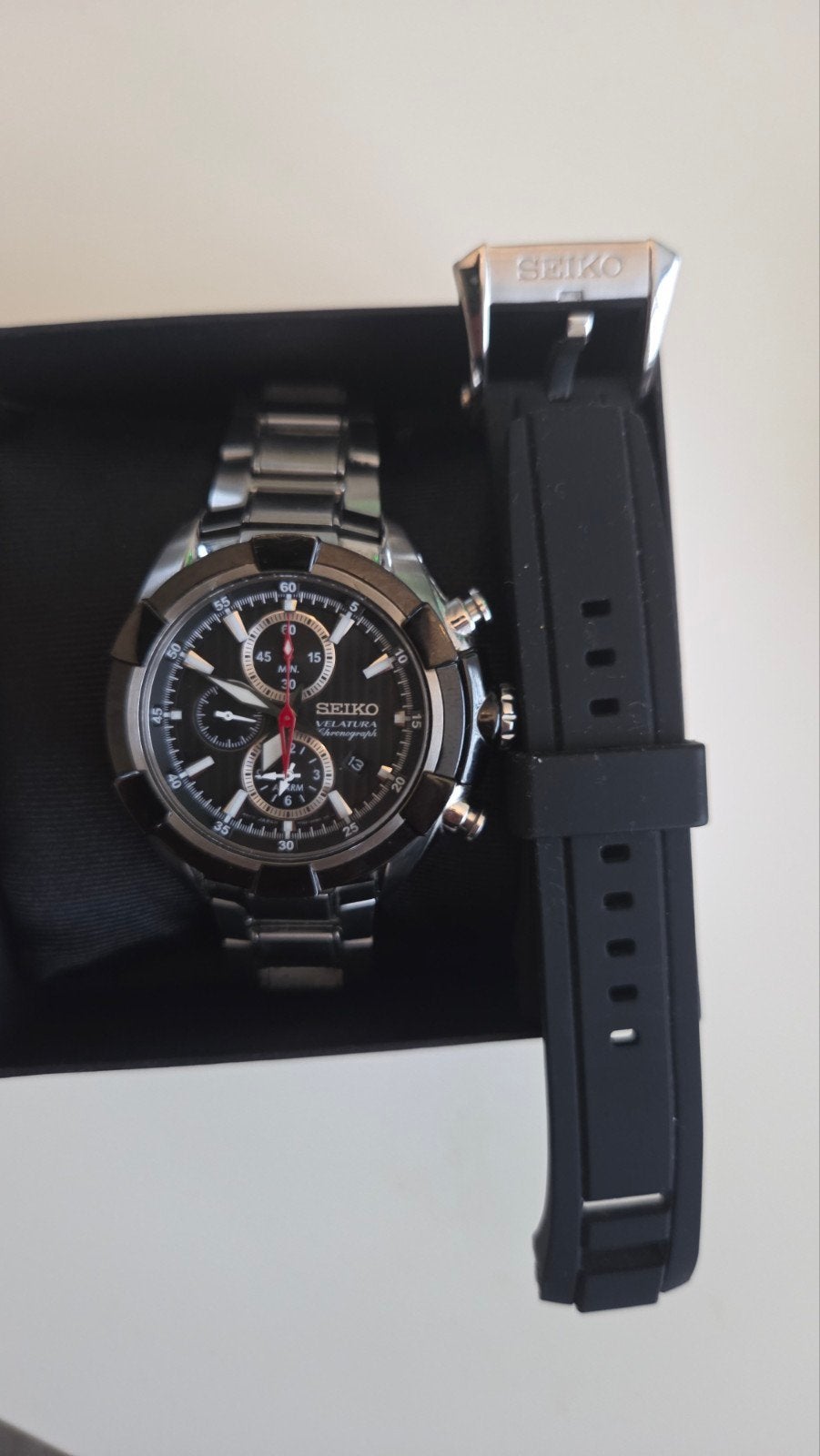 Seiko Velatura Chronograaf Herenhorloge Staal Zwart, Sieraden, Tassen en Uiterlijk, Staal, Polshorloge, Ophalen of Verzenden, Zo goed als nieuw