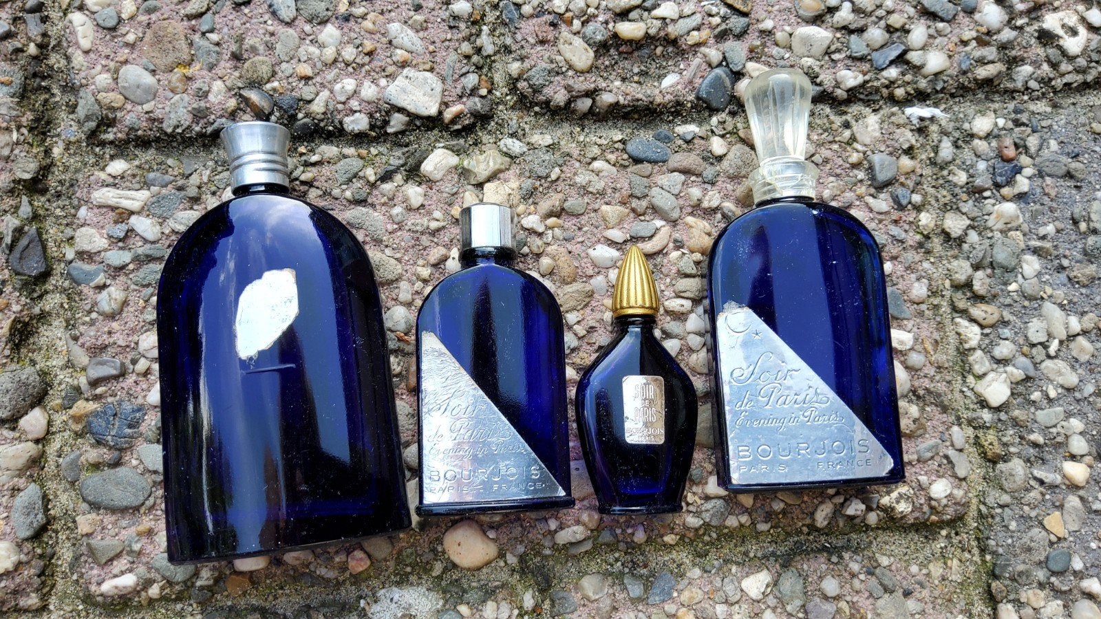 4 Vintage Kobaltblauwe Parfumflesjes Soir De Paris Bourjois., Ophalen of Verzenden