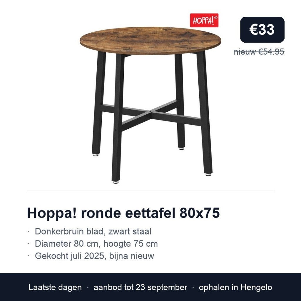 Ronde eettafel, donkerbruin blad op zwart metalen onderstel, Huis en Inrichting, Ophalen, Gebruikt, 50 tot 100 cm, Rond