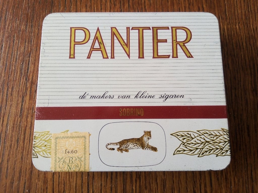 Vintage Panter sigarenblik - sobrino Mignon / Sprint/leeg, Ophalen of Verzenden, Gebruikt, Tabaksdoos of Verpakking