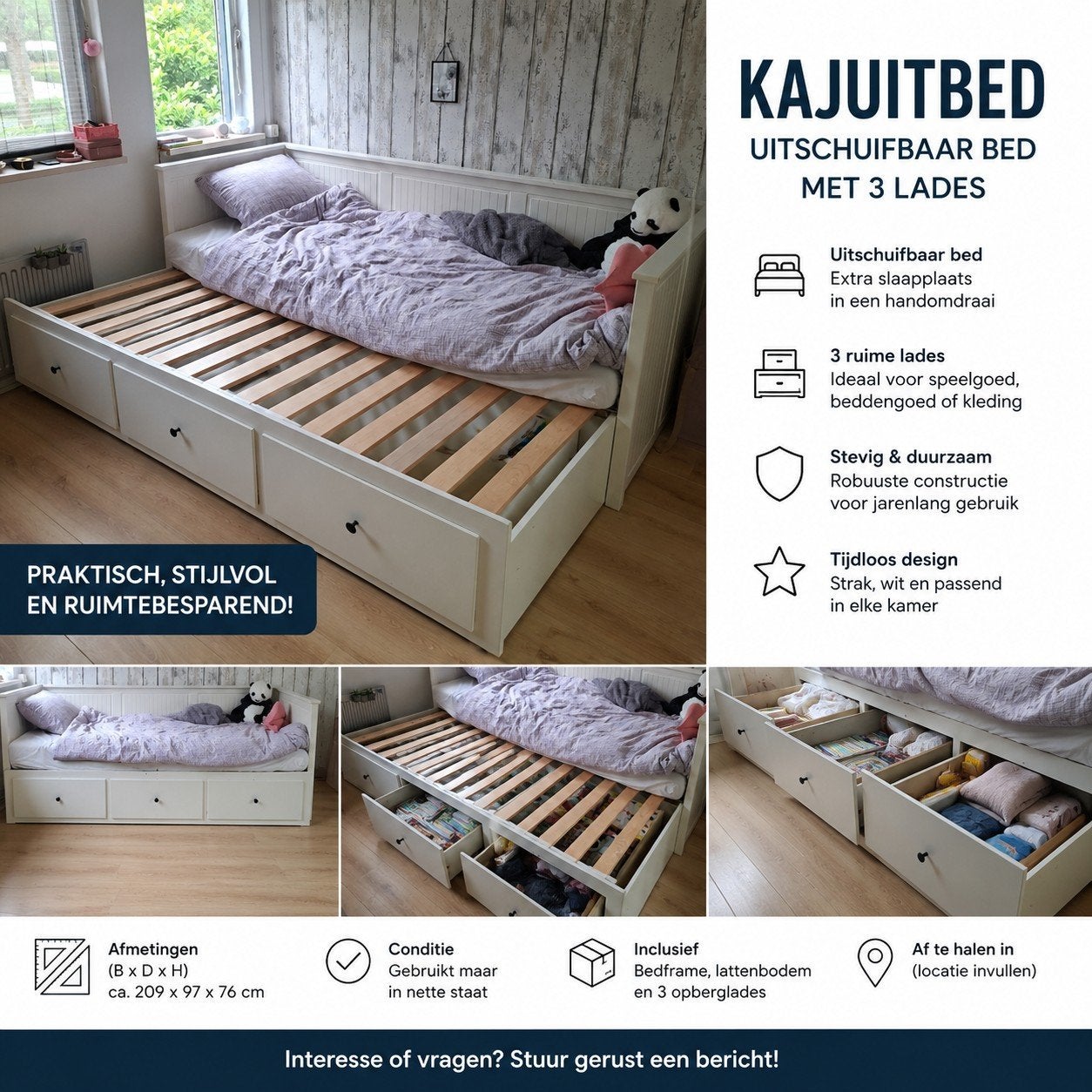 Kajuitbed, 200x90 - uitschuifbaar tot 2 pers. - 3 lades, Ophalen, Gebruikt, 90 cm, Eenpersoons