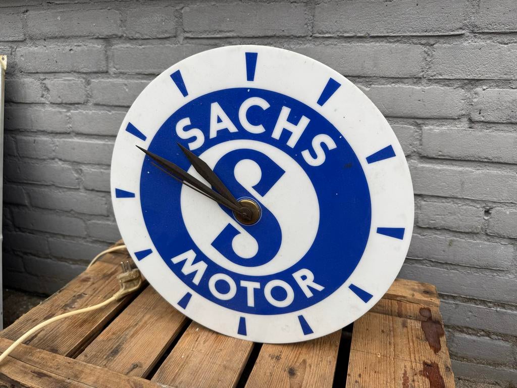 Vintage Sachs Motor Verlichte Klok - Werkplaats Reclame, Verzamelen, Ophalen, Reclamebord, Gebruikt, .