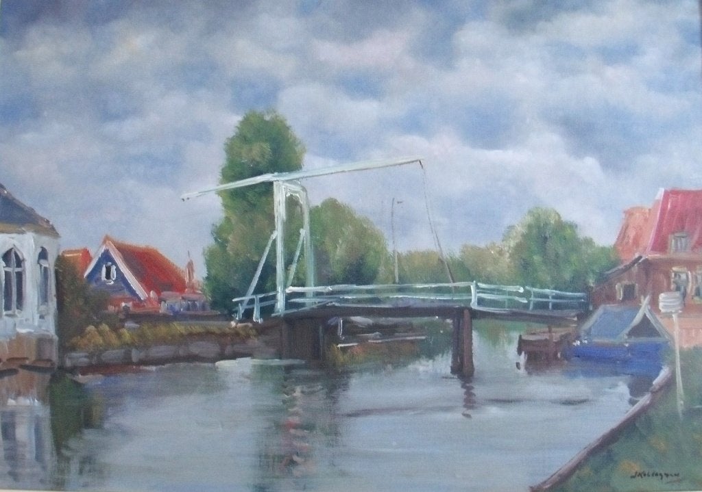 Jan Kelderman (1914-1990) - Brug in Edam - olieverf, Ophalen