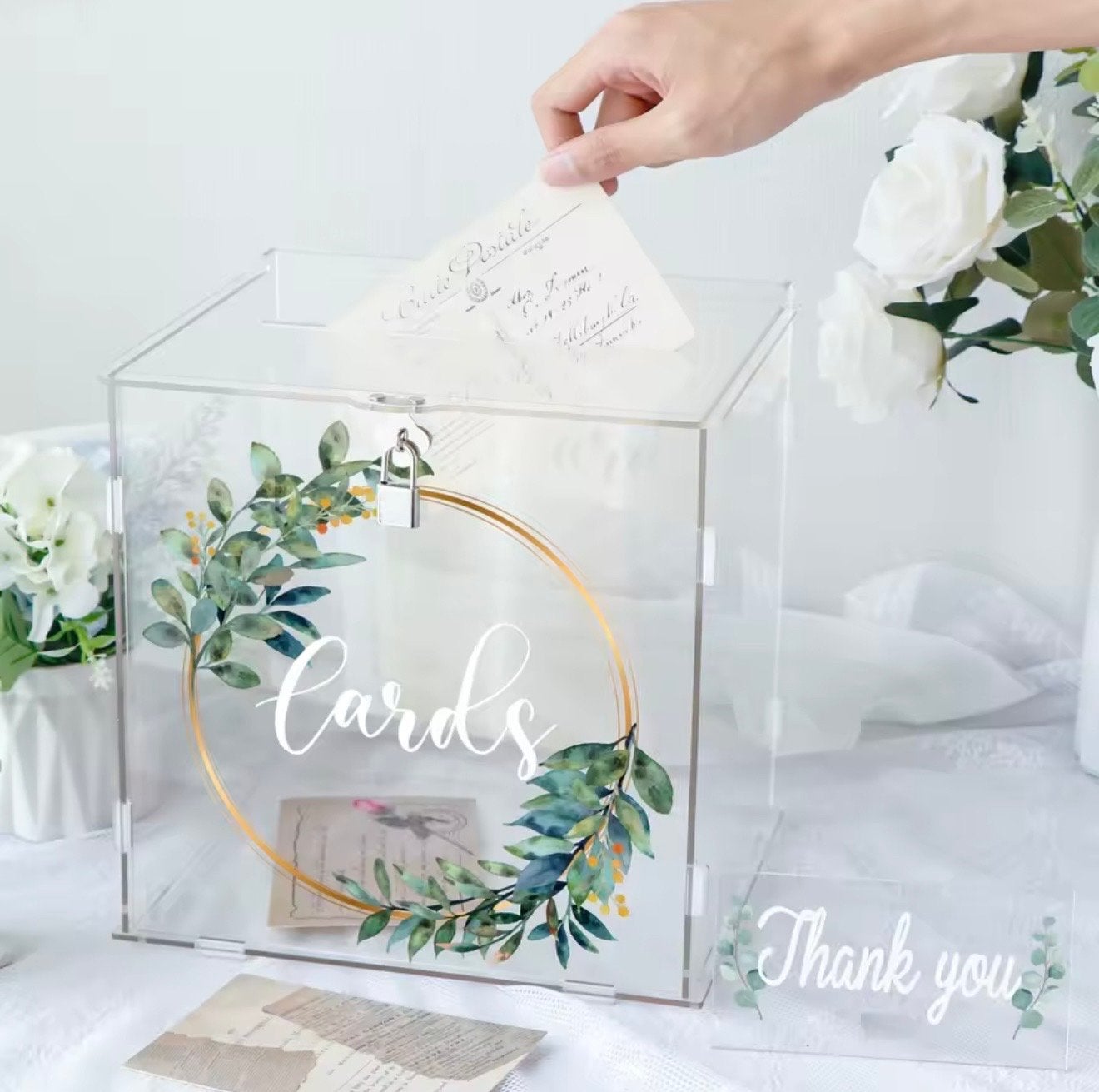 Kaartenbox bruiloft met slot en Thank You-bordje, Ophalen, Nieuw, Feestartikel, Geboorte of Huwelijk