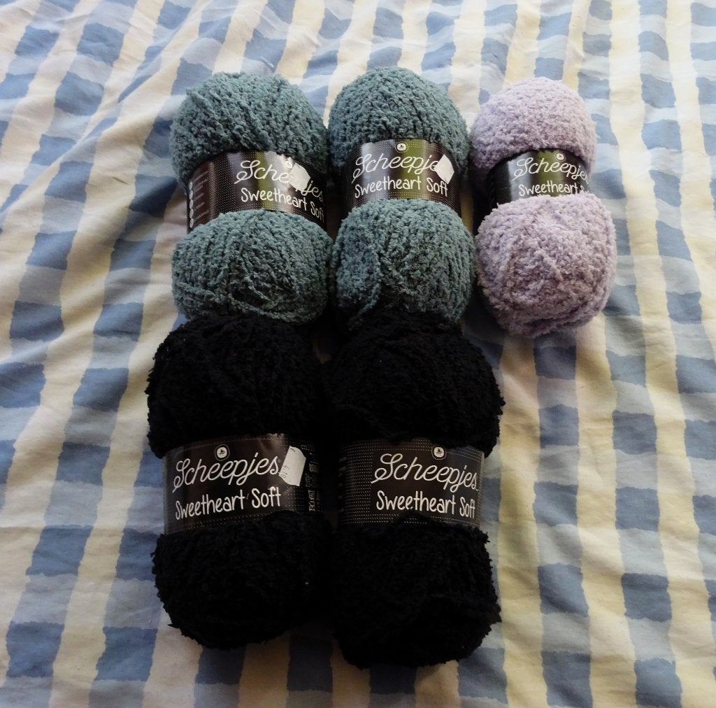 5 Bollen Scheepjes Sweetheart Soft, zwart, grijsblauw, lila, Verzenden, Zo goed als nieuw, Breien of Haken, Wol of Garen