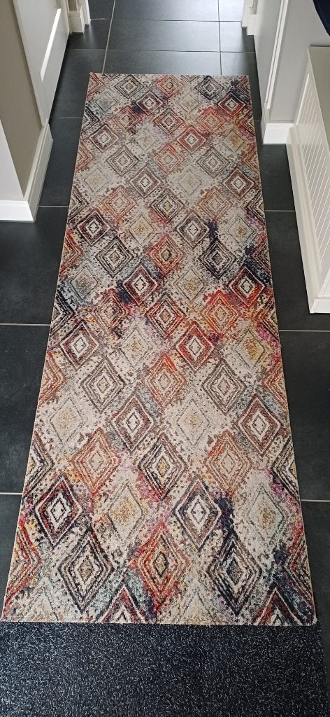 Mooie royale loper met geometrisch patroon 80x250, 200 cm of meer, Zo goed als nieuw, Geel, Rechthoekig