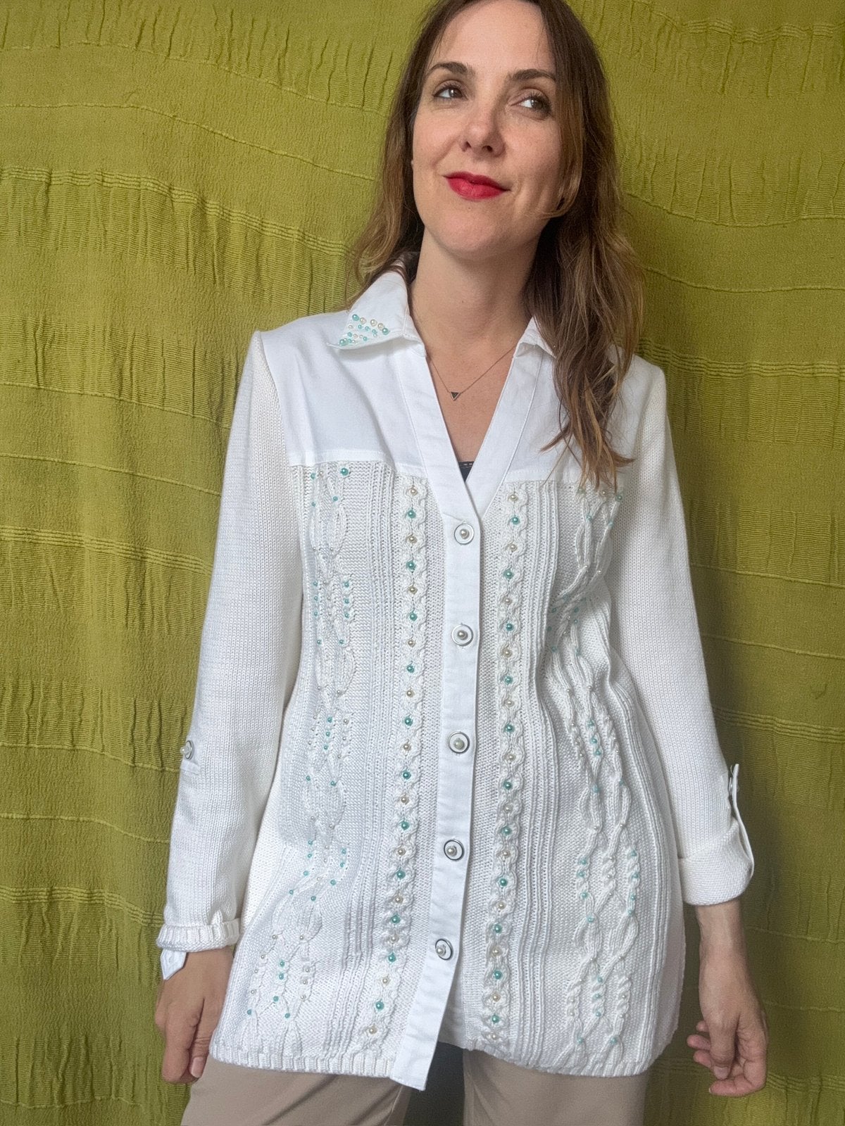 Vintage vest / cardigan - parels / kralen - 36/38 - S/M, Hgv, Wit, Hgv, Ophalen of Verzenden