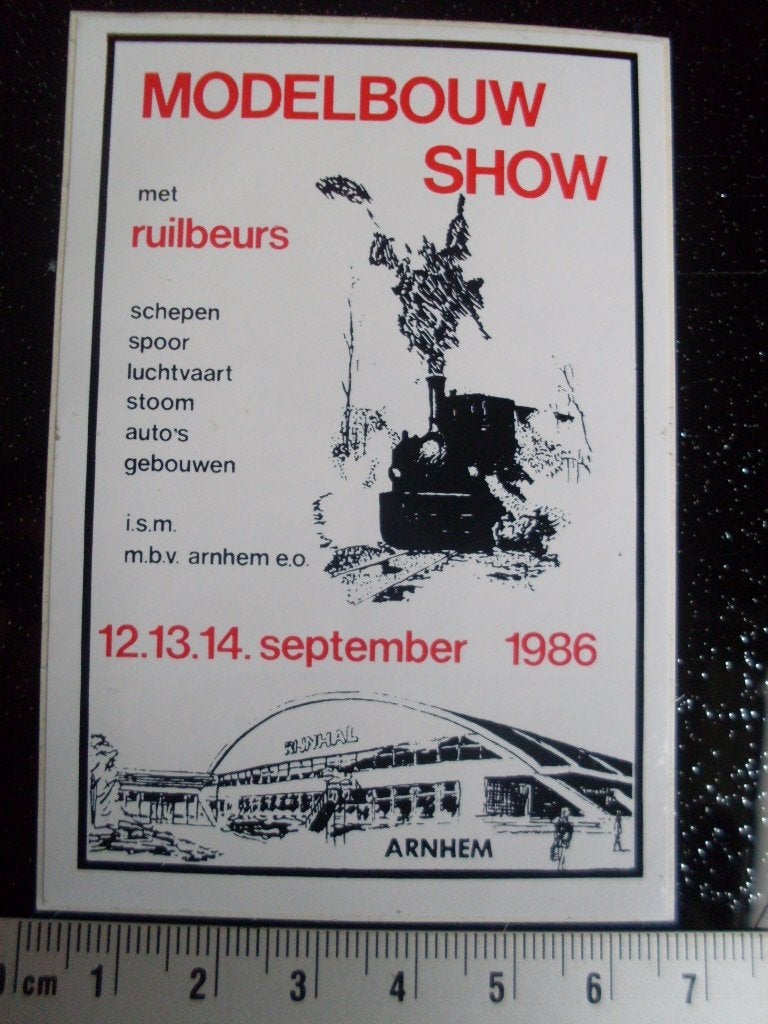 sticker modelbouw show arnhem 1986 ruilbeurs rijnhal, Verzenden, Zo goed als nieuw, Bedrijf of Vereniging