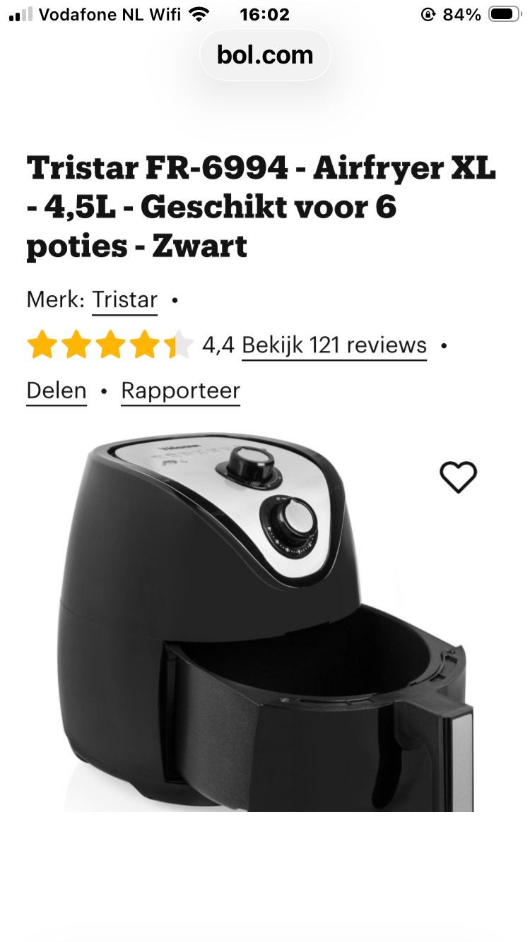 Tristar 6994 Airfryer XL - 4,5L - Zwart/1x getest met patat, Ophalen of Verzenden, Zo goed als nieuw, Airfryer XL, 1500 gram of meer
