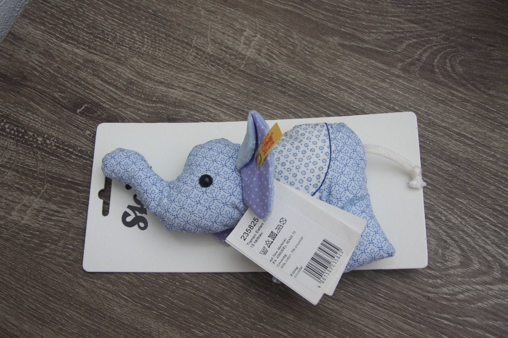 Steiff olifantje blauw rammelaar met knisperoren nieuw, Info@steiff.com, Steiff, Steiff, Stoffen beer