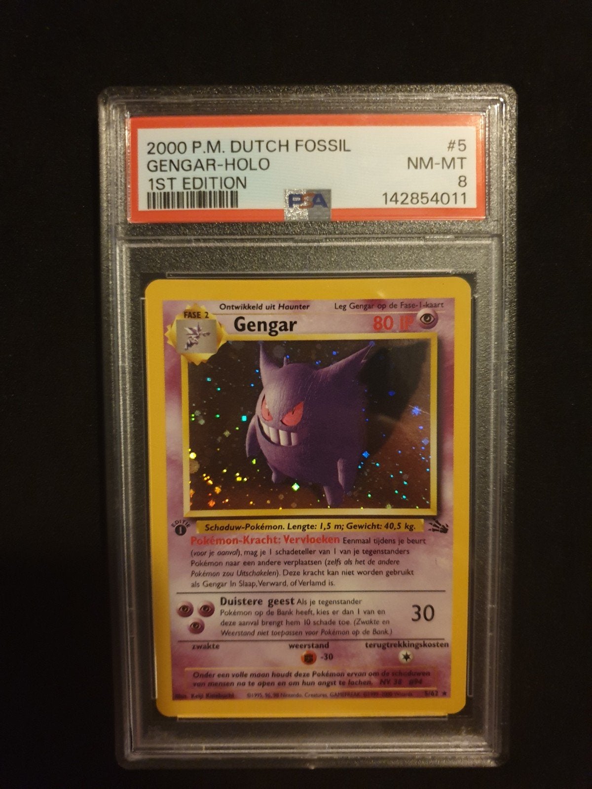 PSA 8 Gengar Holo 2000 P.M. Dutch Fossil 1st Edition, Ophalen of Verzenden, Zo goed als nieuw, Losse kaart