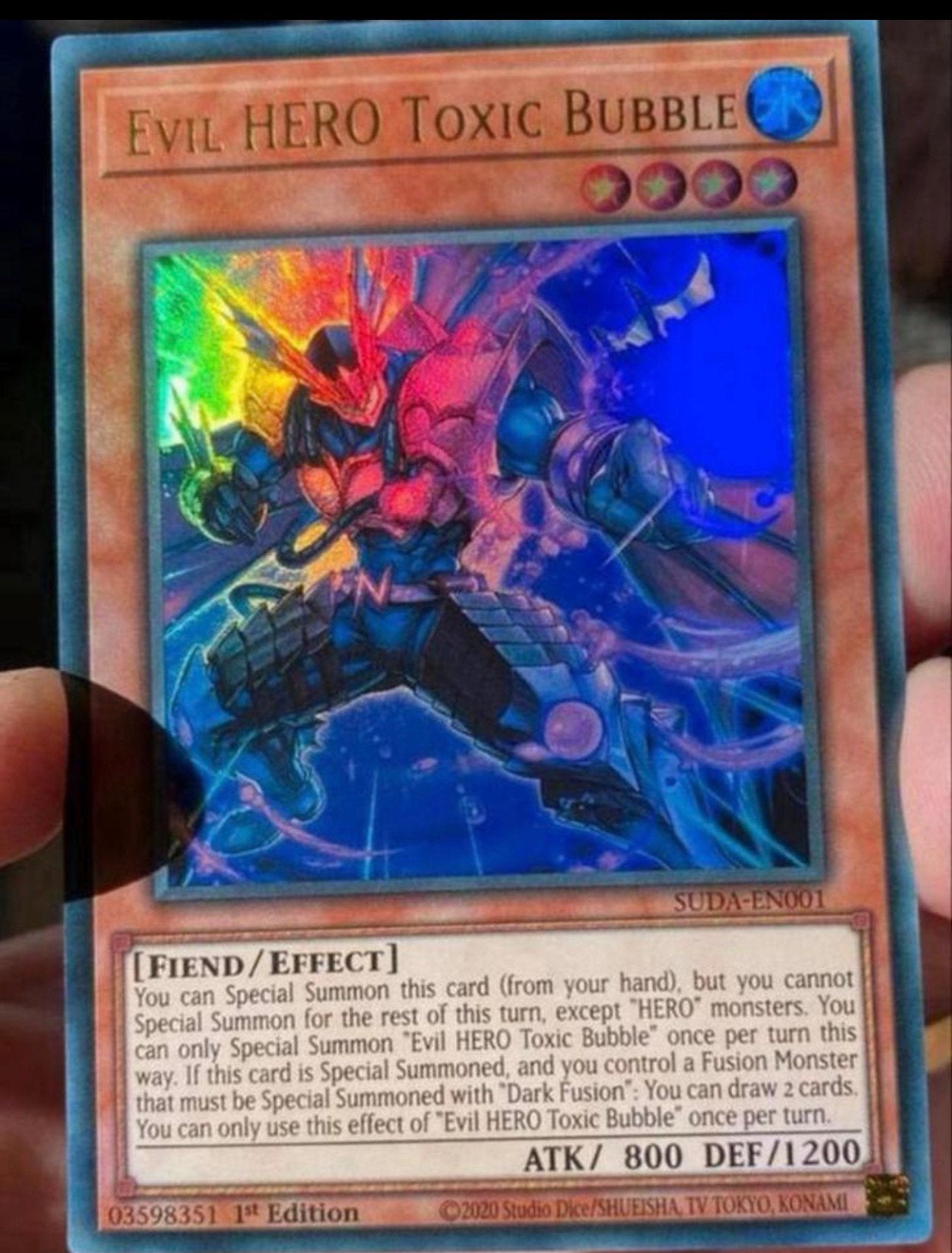 Yu-Gi-Oh! Evil HERO Toxic Bubble SUDA 1st Edition !, Ophalen of Verzenden, Zo goed als nieuw, Losse kaart, Foil
