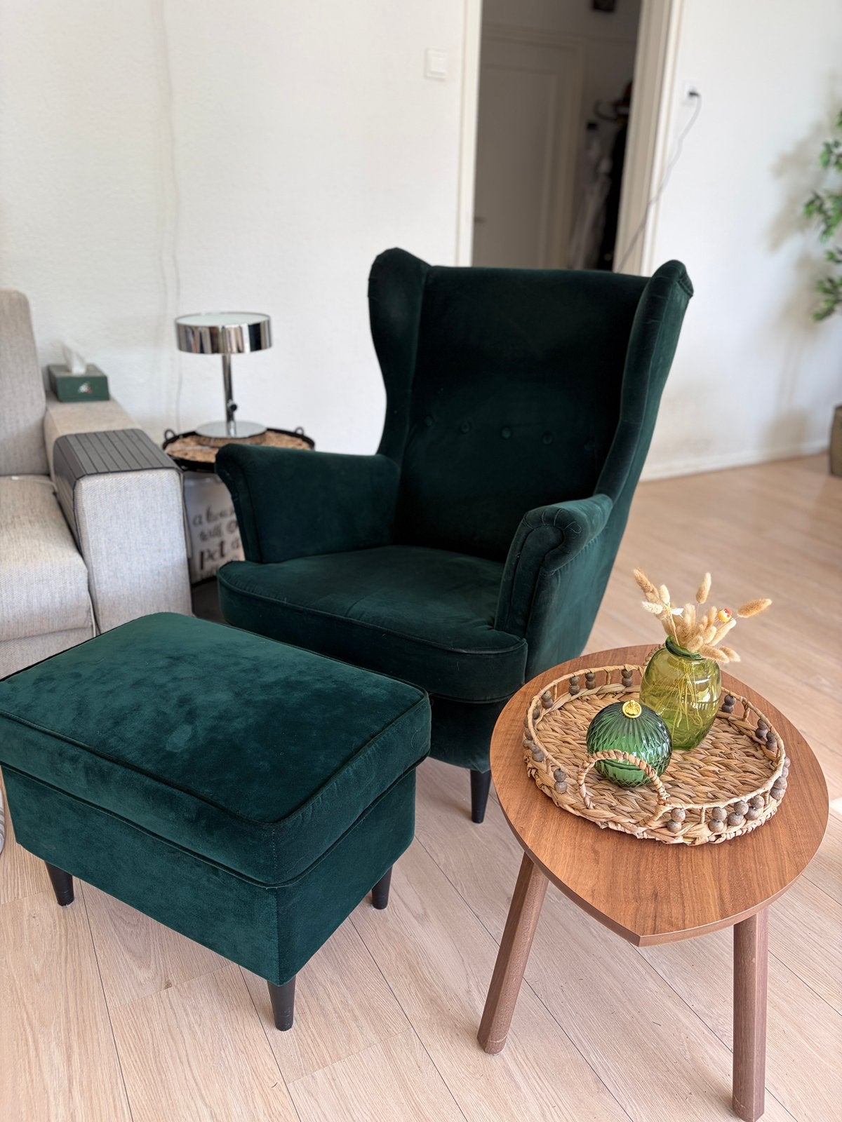 IKEA STRANDMON oorfauteuil met voetenbank-Djuparp donkergroe, Ophalen, Zo goed als nieuw, 75 tot 100 cm, Stof