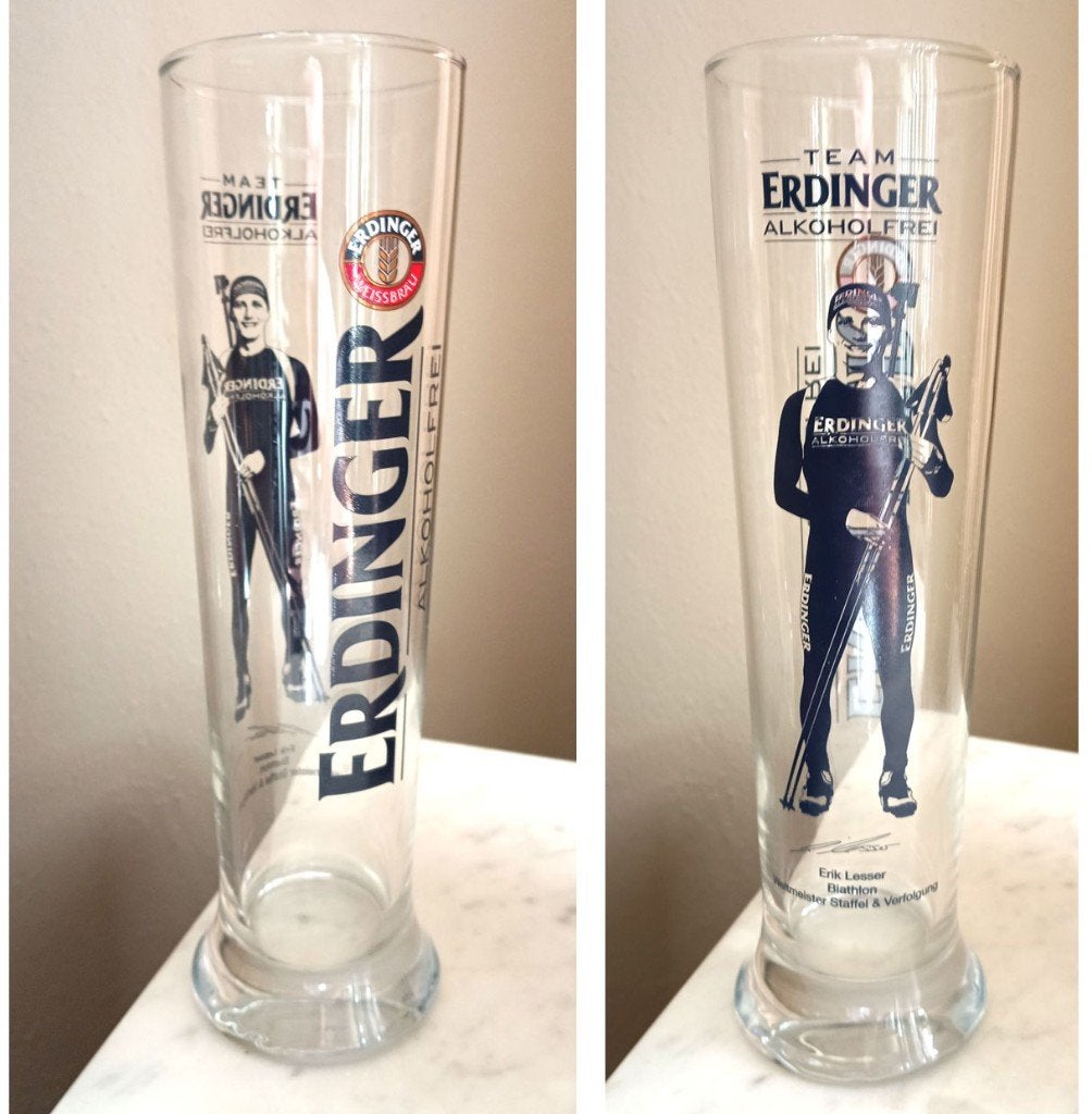 Erdinger Weissbier glas"Erik Lesser Biathlon", Verzamelen, Ophalen of Verzenden, Zo goed als nieuw, Glas of Glazen, Overige merken