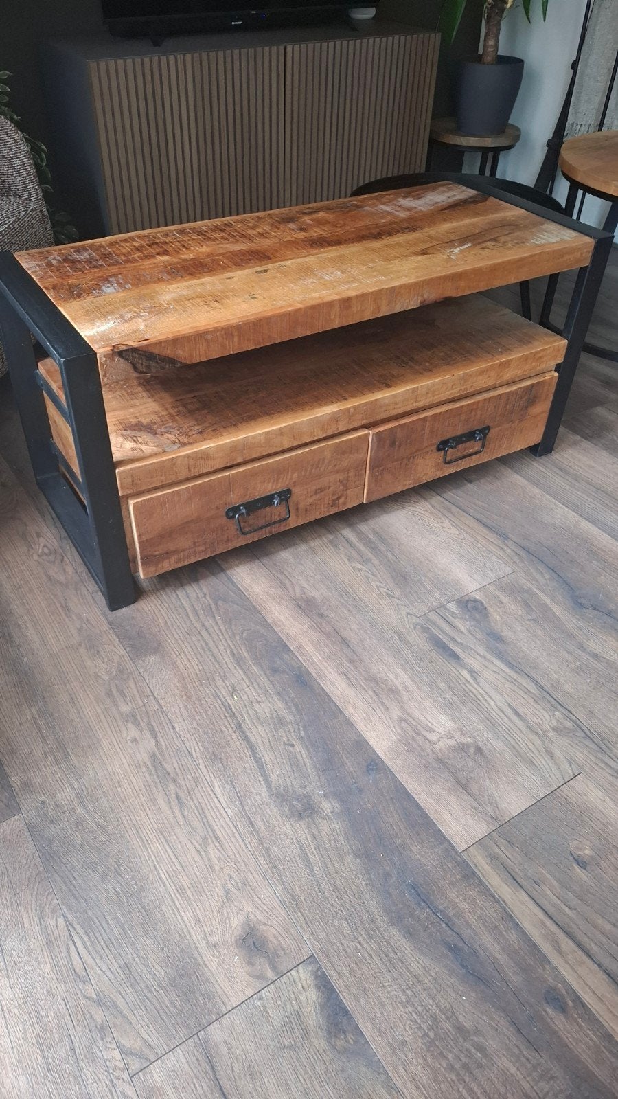 Mangohouten TV-kast/Salontafel - 110x45x50 cm, Ophalen, Gebruikt, 100 tot 150 cm, Industrieel, Landelijk